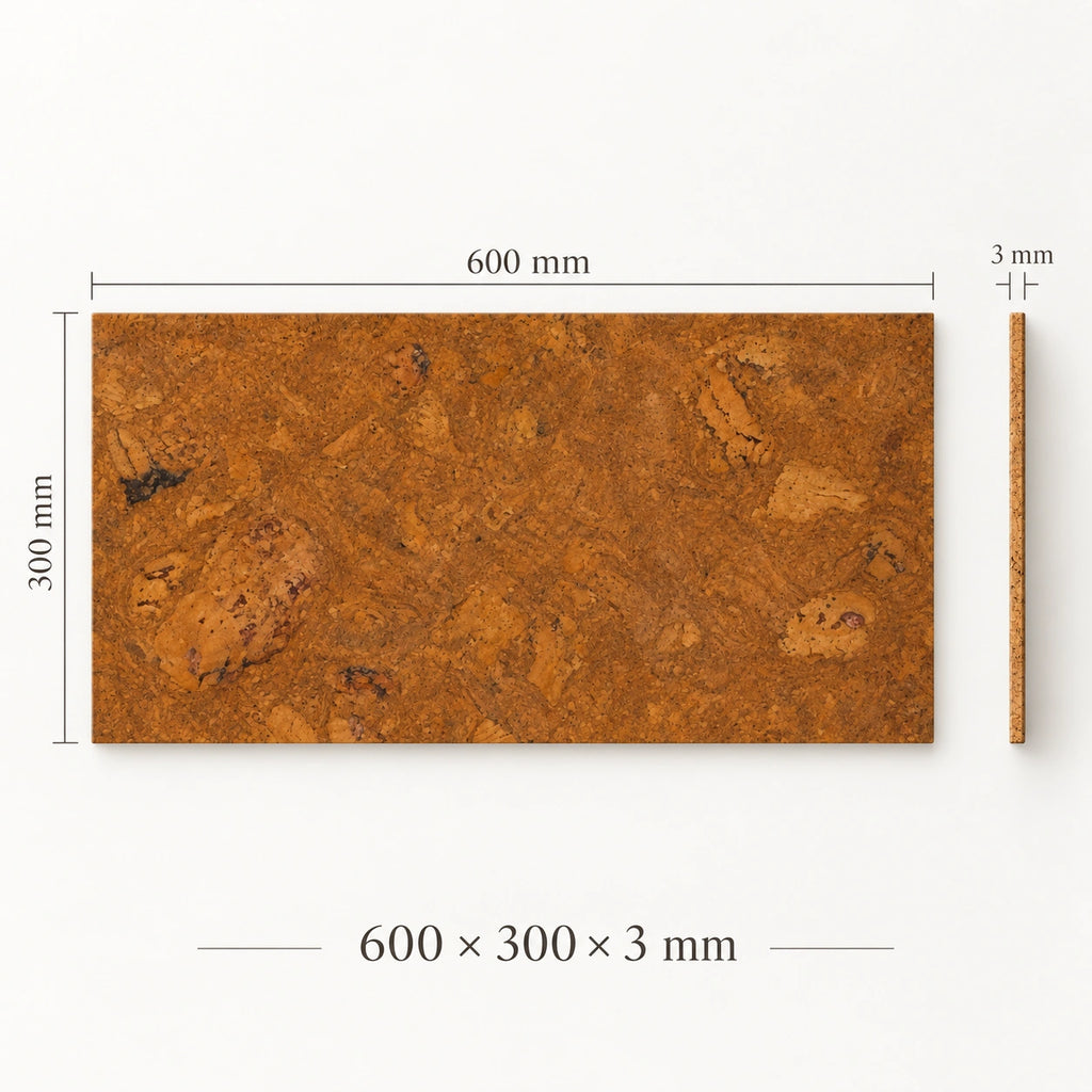 Saphira Brown cork wall tile dimensions for the 600 × 300 × 3 mm format; 300 × 300 mm format also available