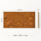 Saphira Brown cork wall tile dimensions for the 600 × 300 × 3 mm format; 300 × 300 mm format also available