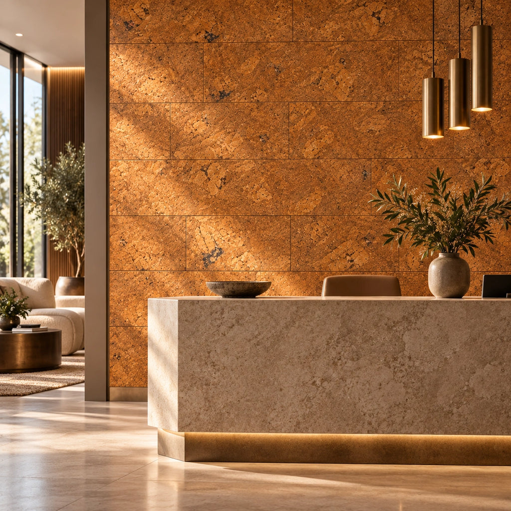 Saphira Brown cork wall tile shown in a conceptual hospitality reception visualization