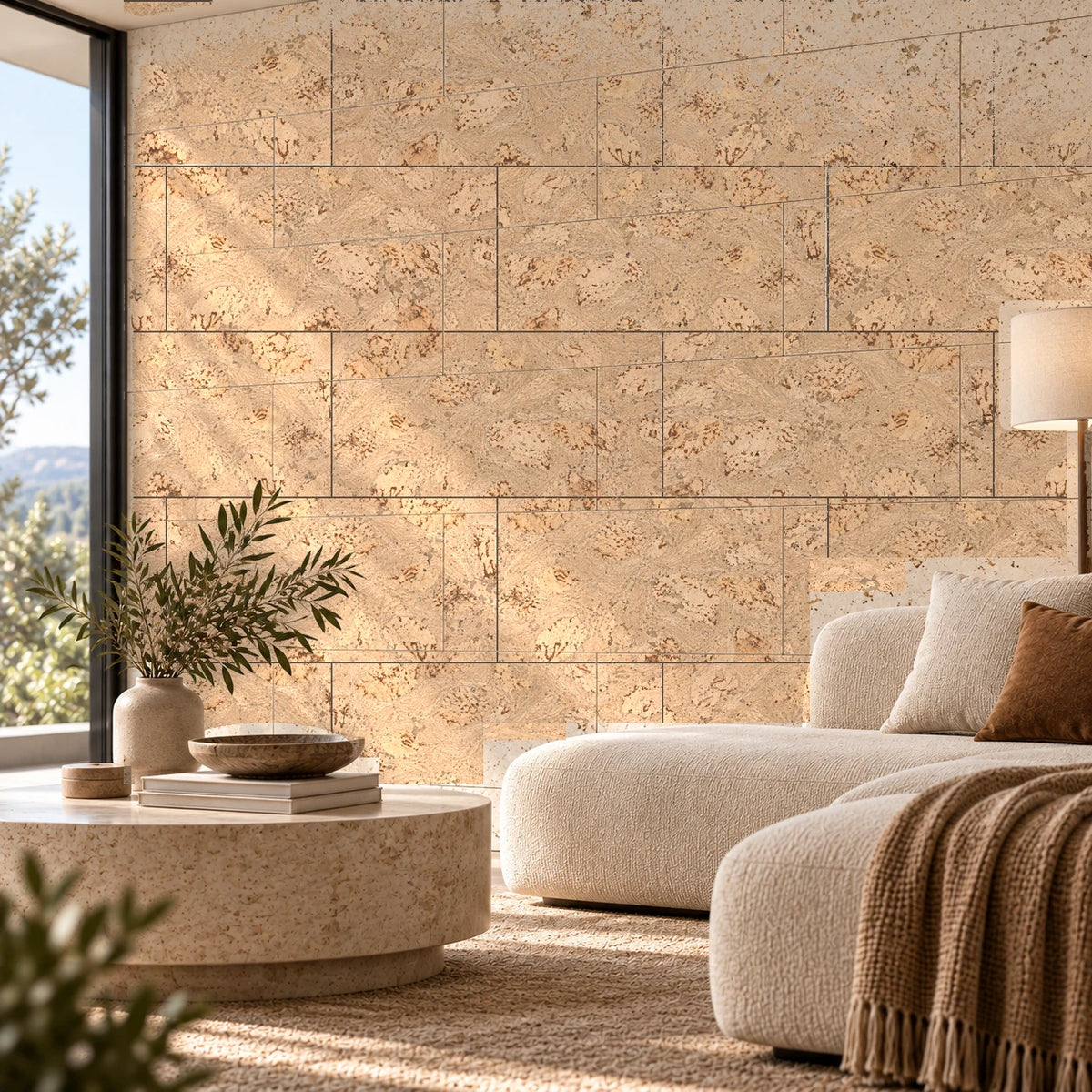 Saphira Cream cork wall tile shown in a conceptual architectural interior visualization