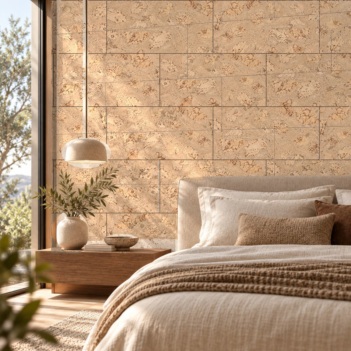 Saphira Cream cork wall tile shown in a conceptual residential bedroom visualization