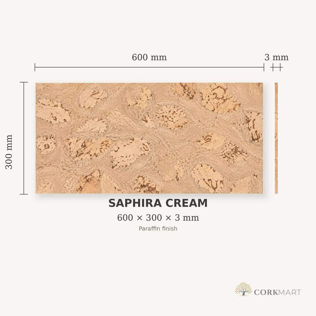Saphira Cream cork wall tile dimensions for the 600 × 300 × 3 mm format; 300 × 300 mm format also available