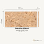 Saphira Cream cork wall tile dimensions for the 600 × 300 × 3 mm format; 300 × 300 mm format also available