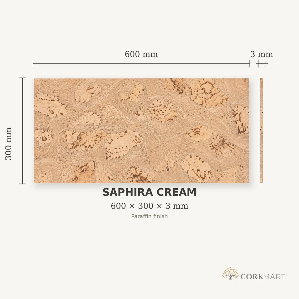 Saphira Cream cork wall tile dimensions for the 600 × 300 × 3 mm format; 300 × 300 mm format also available