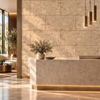 Saphira Cream cork wall tile shown in a conceptual hospitality reception visualization