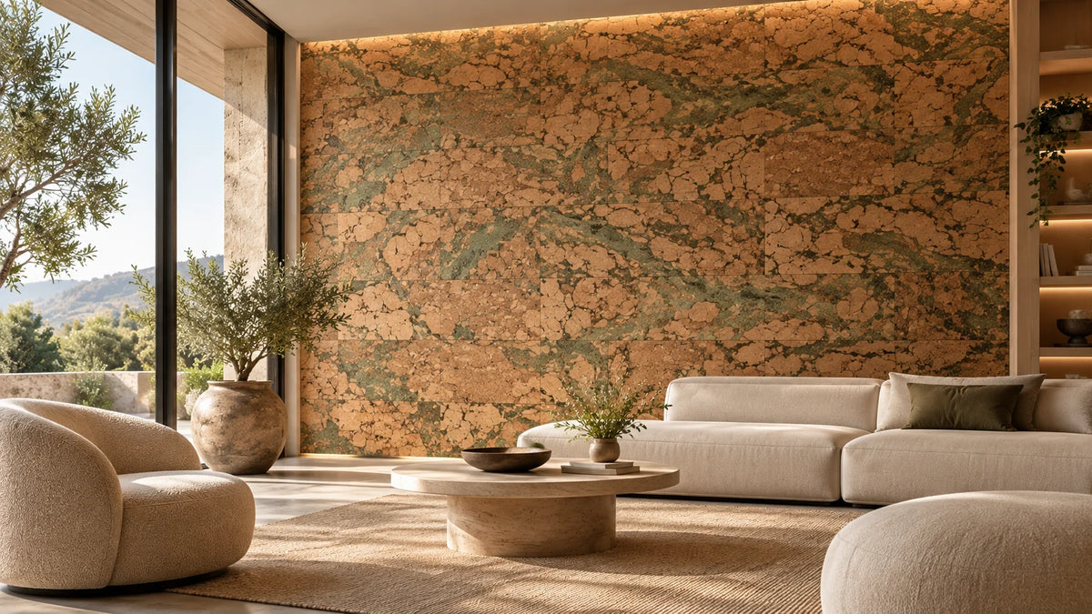 Saphira Green cork wall tile shown in a conceptual architectural interior visualization