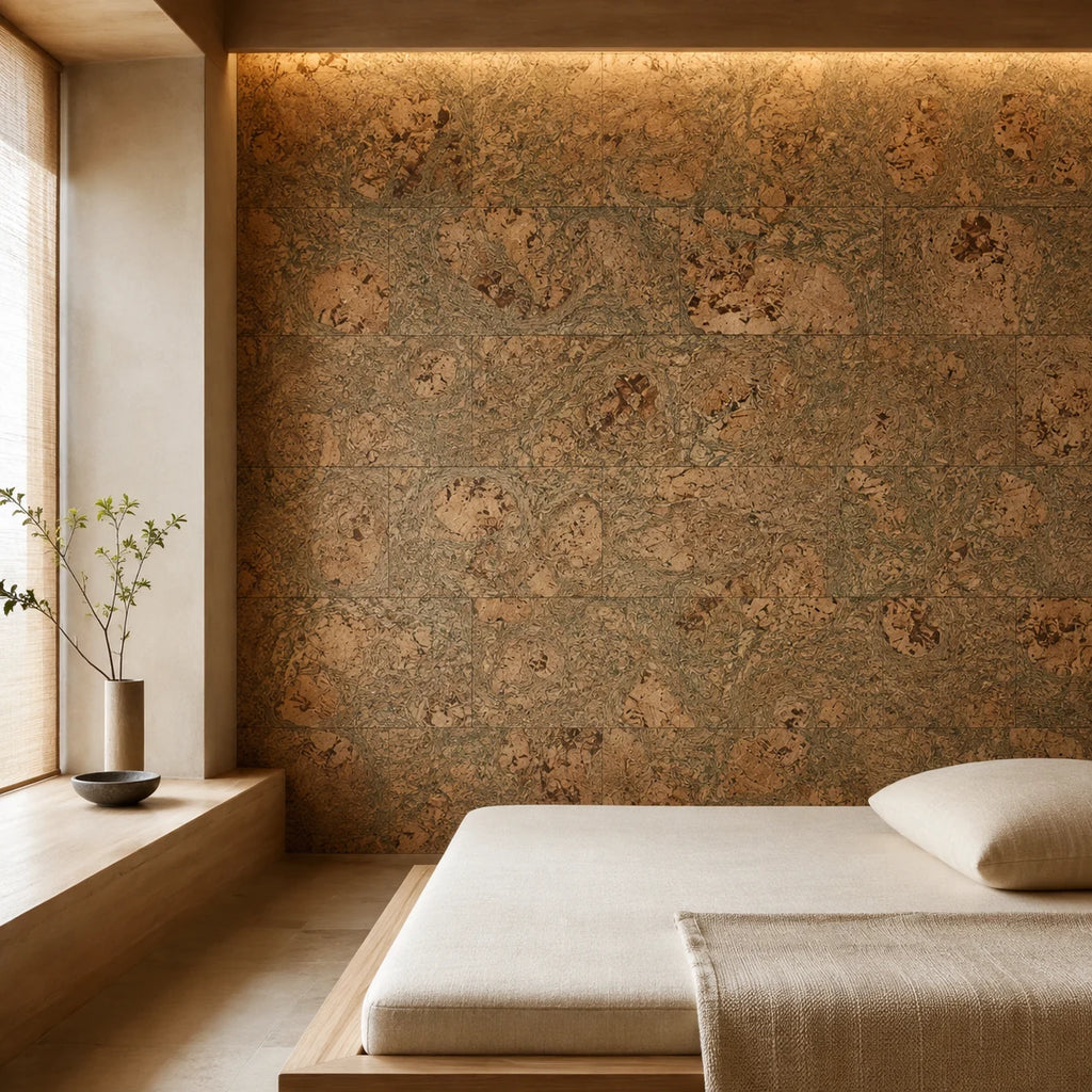 Saphira Green cork wall tile shown in a conceptual residential bedroom visualization