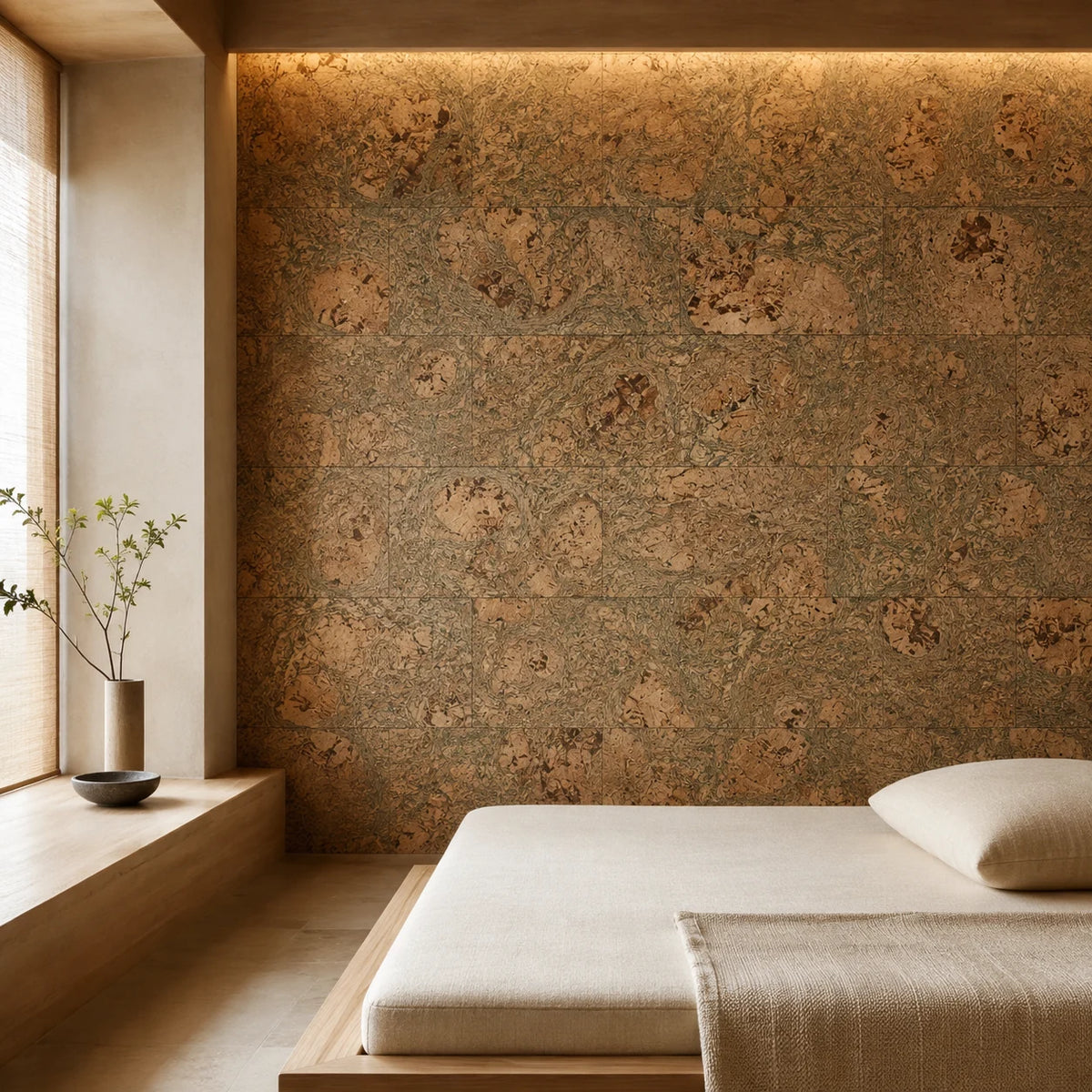 Saphira Green cork wall tile shown in a conceptual residential bedroom visualization