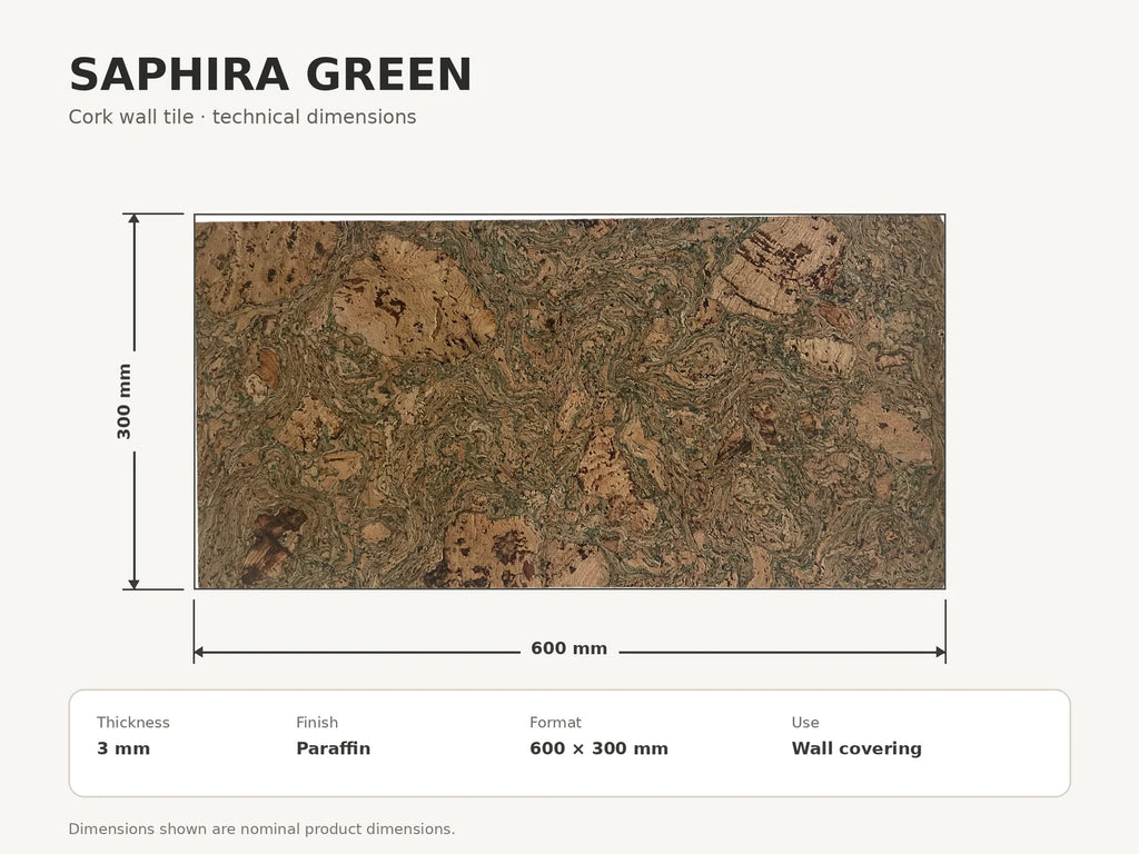 Saphira Green cork wall tile dimensions for the 600 × 300 × 3 mm format; 300 × 300 mm format also available