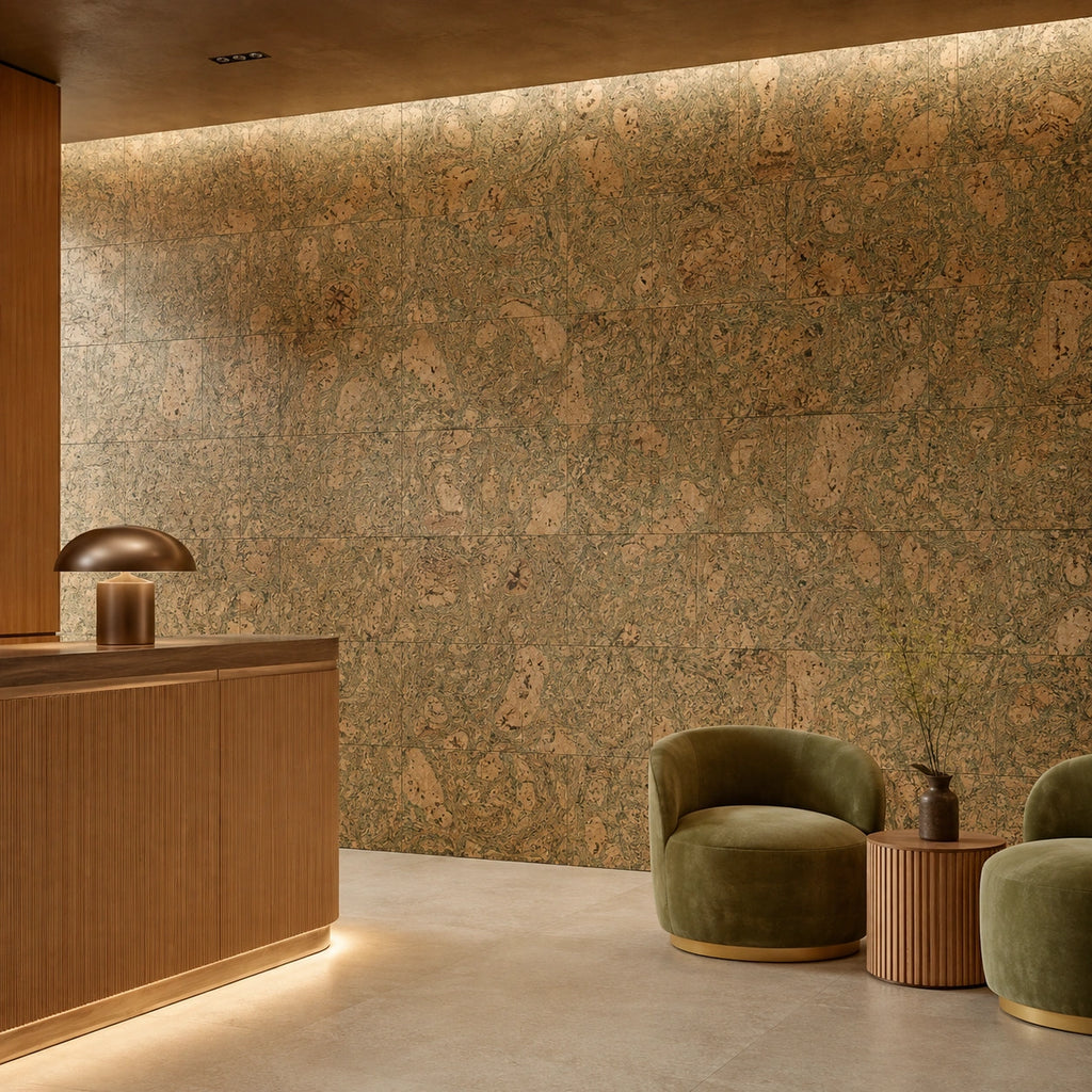 Saphira Green cork wall tile shown in a conceptual hospitality reception visualization