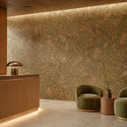 Saphira Green cork wall tile shown in a conceptual hospitality reception visualization