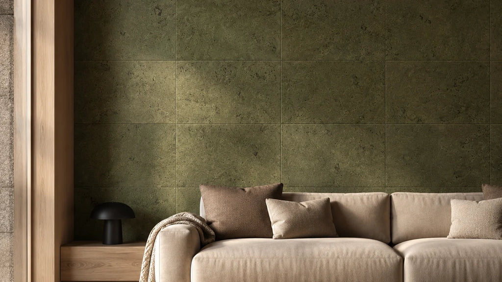 Saphira Moss cork wall tile shown in a conceptual architectural interior visualization