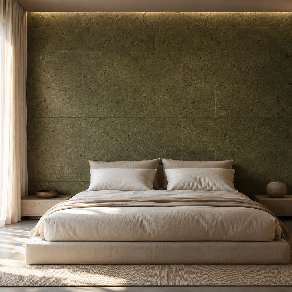Saphira Moss cork wall tile shown in a conceptual residential bedroom visualization