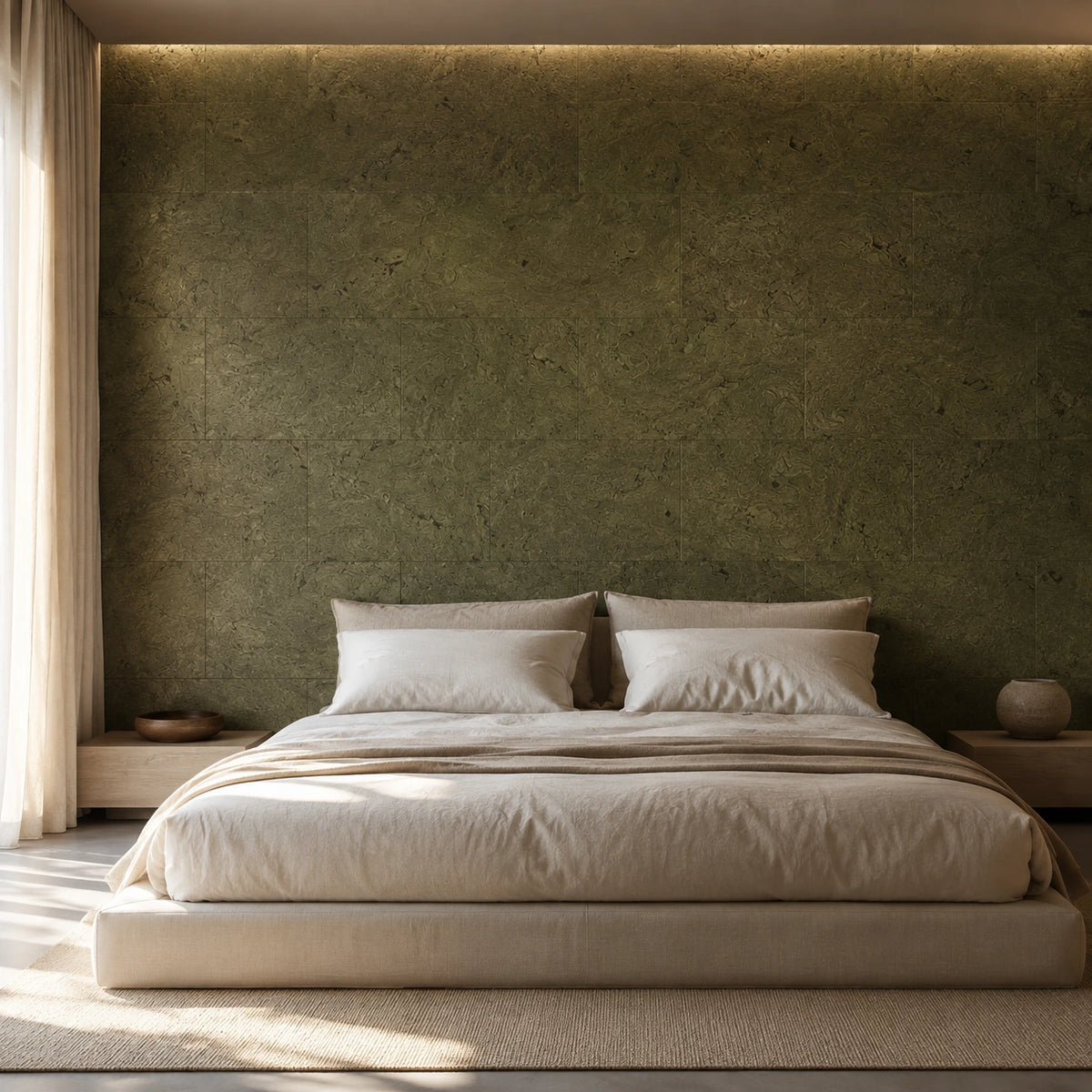 Saphira Moss cork wall tile shown in a conceptual residential bedroom visualization