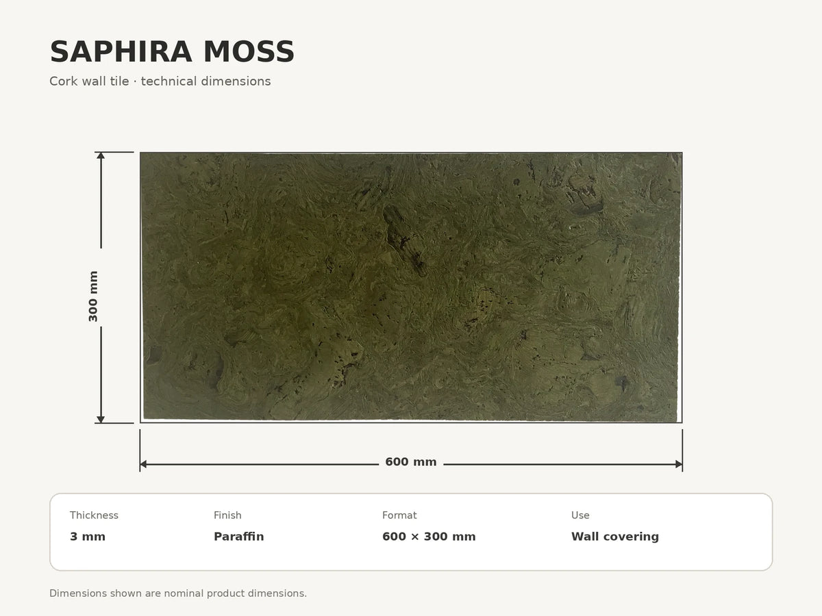 Saphira Moss cork wall tile dimensions for the 600 × 300 × 3 mm format; 300 × 300 mm format also available