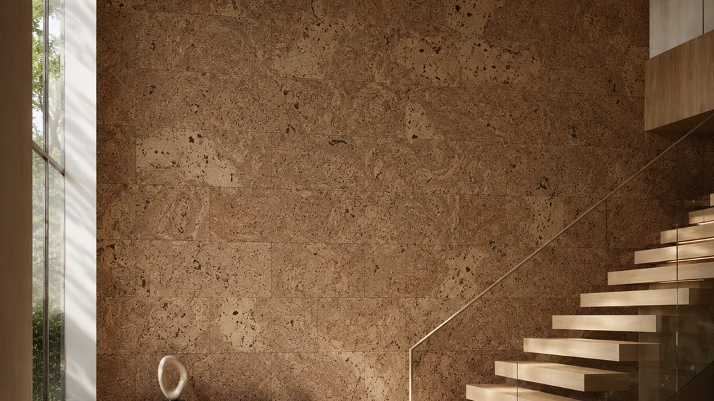 Saphira Natural cork wall tile shown in a conceptual architectural interior visualization