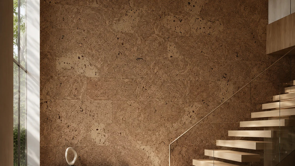 Saphira Natural cork wall tile shown in a conceptual architectural interior visualization