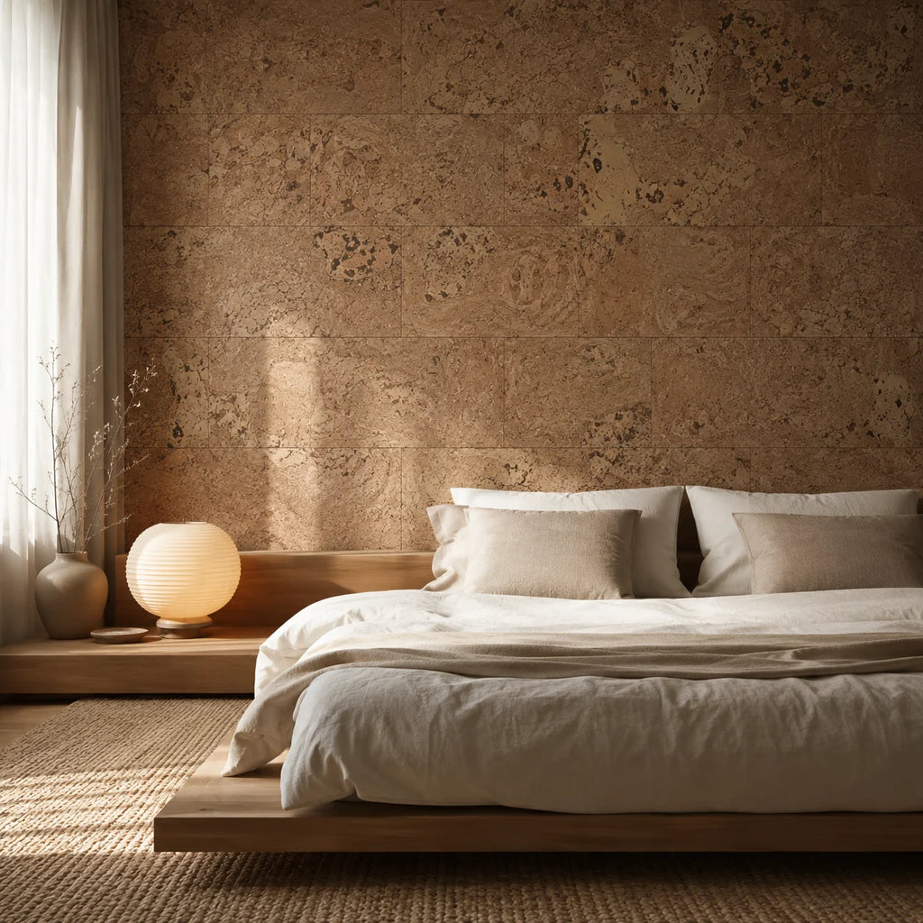Saphira Natural cork wall tile shown in a conceptual residential bedroom visualization