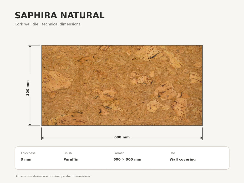 Saphira Natural cork wall tile dimensions for the 600 × 300 × 3 mm format; 300 × 300 mm format also available