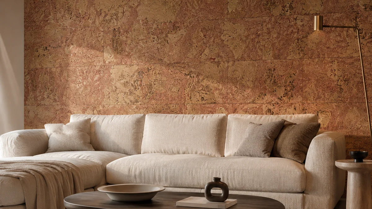 Saphira Red cork wall tile shown in a conceptual architectural interior visualization