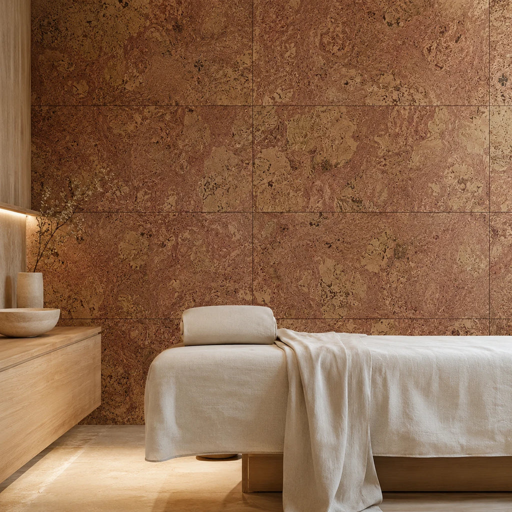 Saphira Red cork wall tile shown in a conceptual residential bedroom visualization
