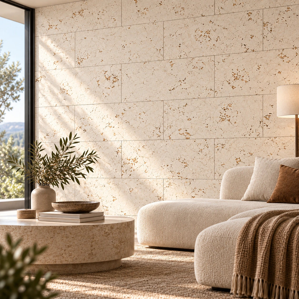 Saphira Snow cork wall tile shown in a conceptual architectural interior visualization