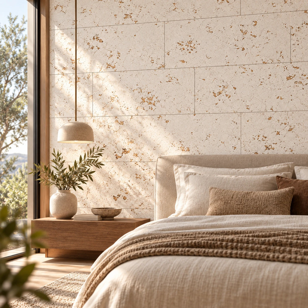 Saphira Snow cork wall tile shown in a conceptual residential bedroom visualization