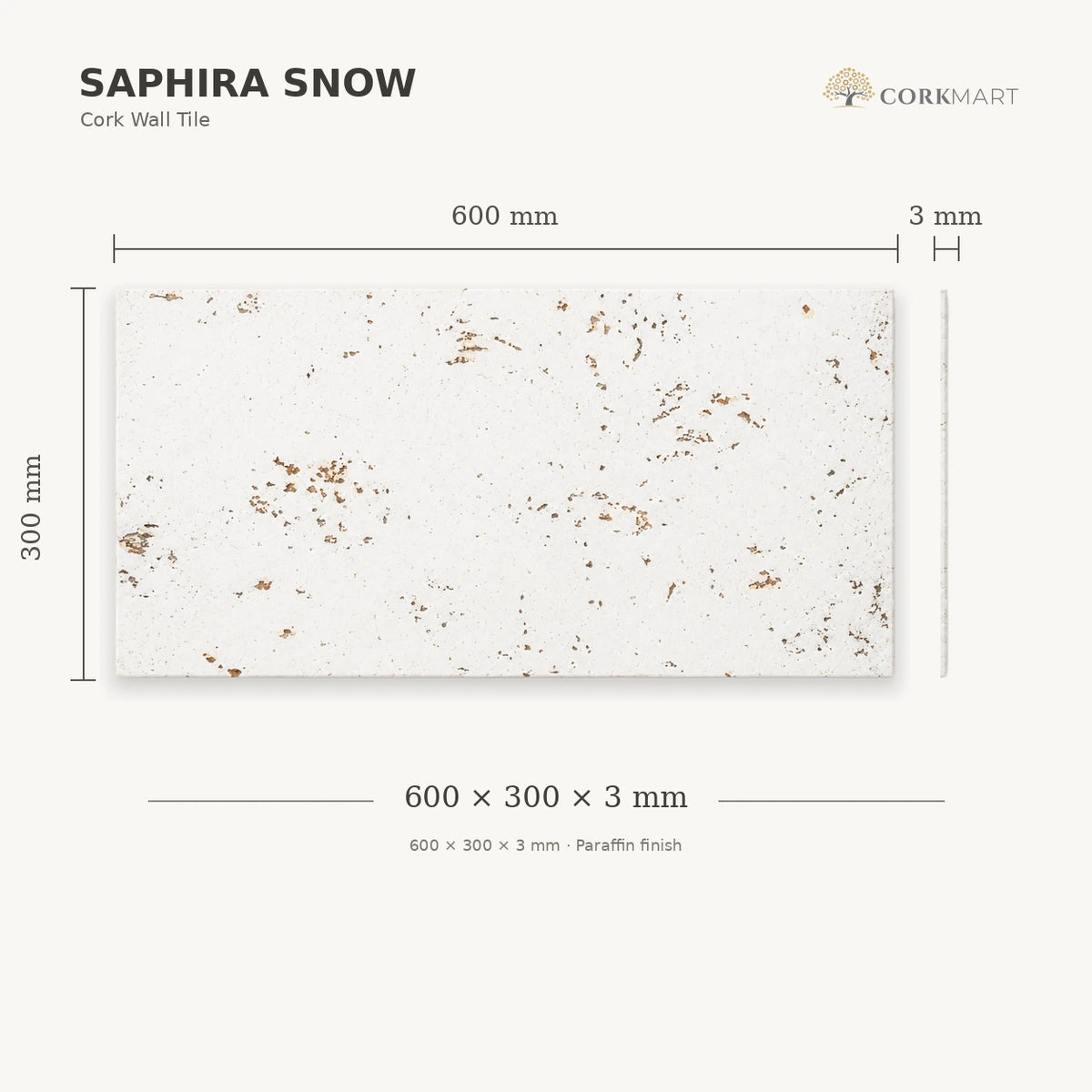 Saphira Snow cork wall tile dimensions for the 600 × 300 × 3 mm format; 300 × 300 mm format also available