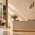 Saphira Snow cork wall tile shown in a conceptual hospitality reception visualization
