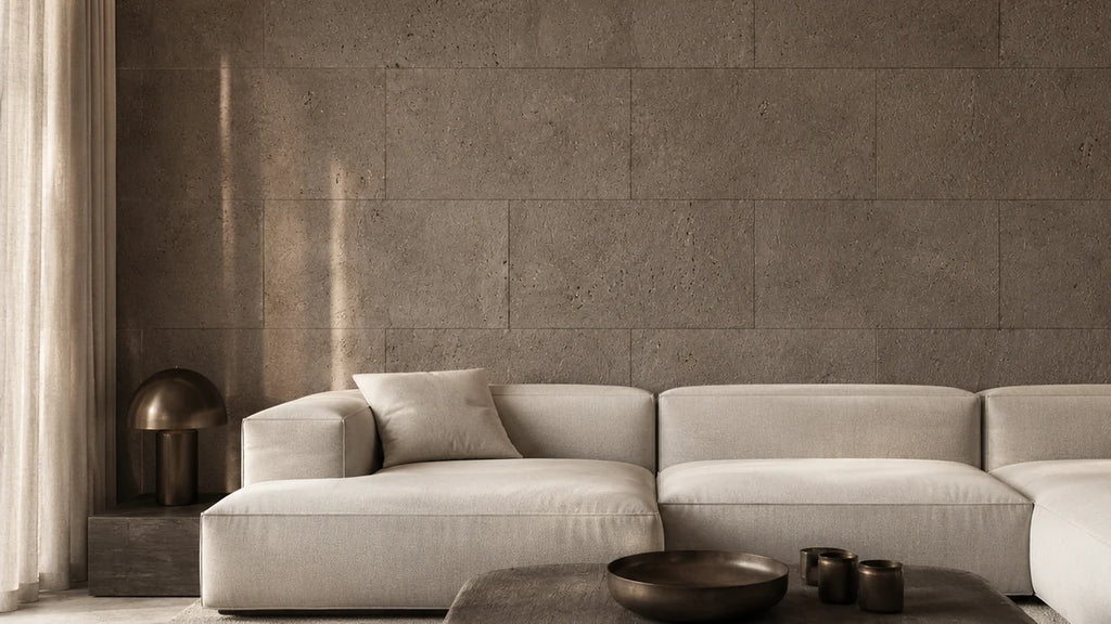 Saphira Taupe cork wall tile shown in a conceptual architectural interior visualization