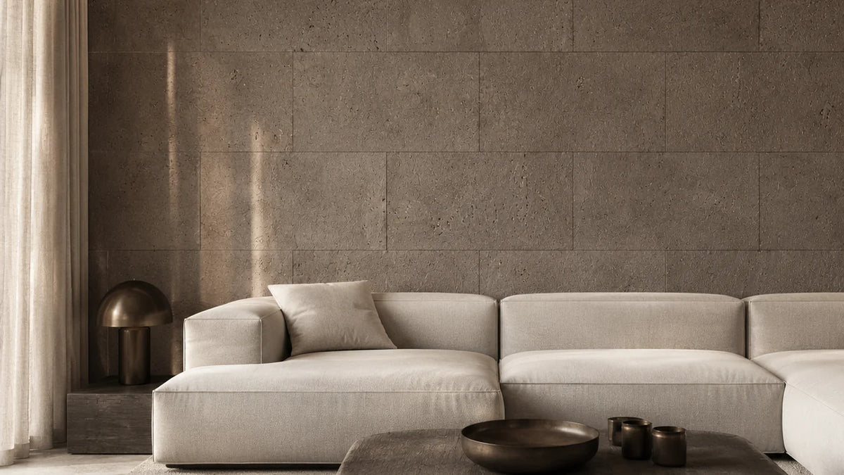 Saphira Taupe cork wall tile shown in a conceptual architectural interior visualization