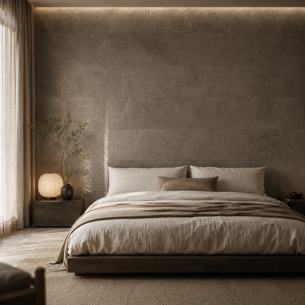 Saphira Taupe cork wall tile shown in a conceptual residential bedroom visualization