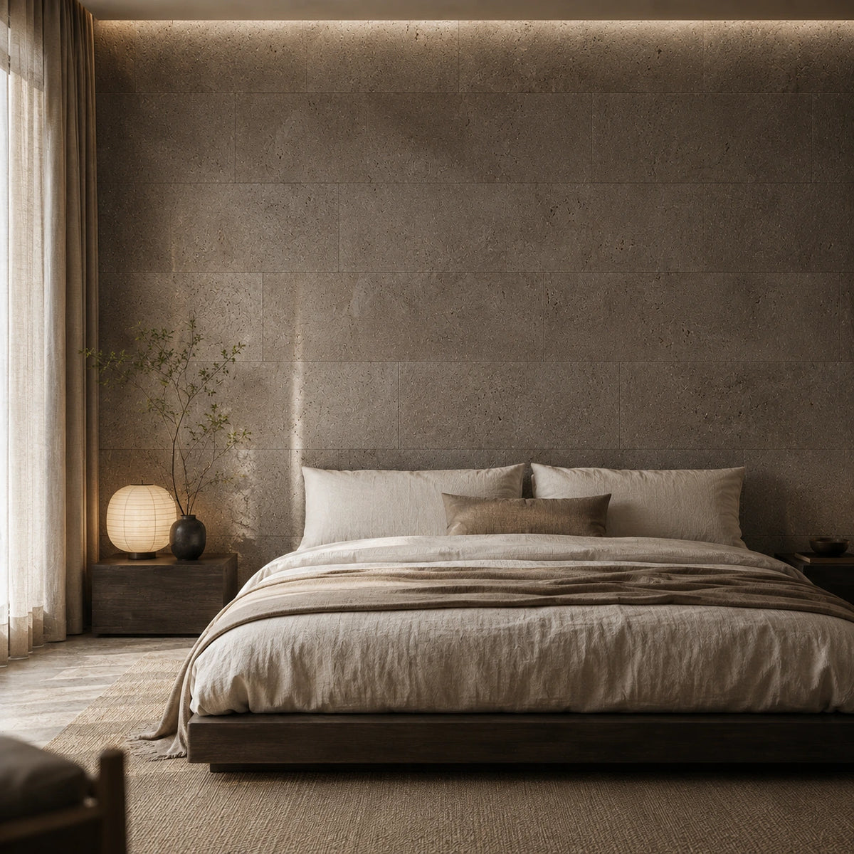 Saphira Taupe cork wall tile shown in a conceptual residential bedroom visualization