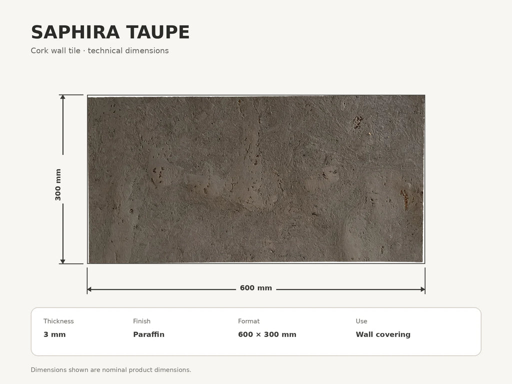 Saphira Taupe cork wall tile dimensions for the 600 × 300 × 3 mm format; 300 × 300 mm format also available