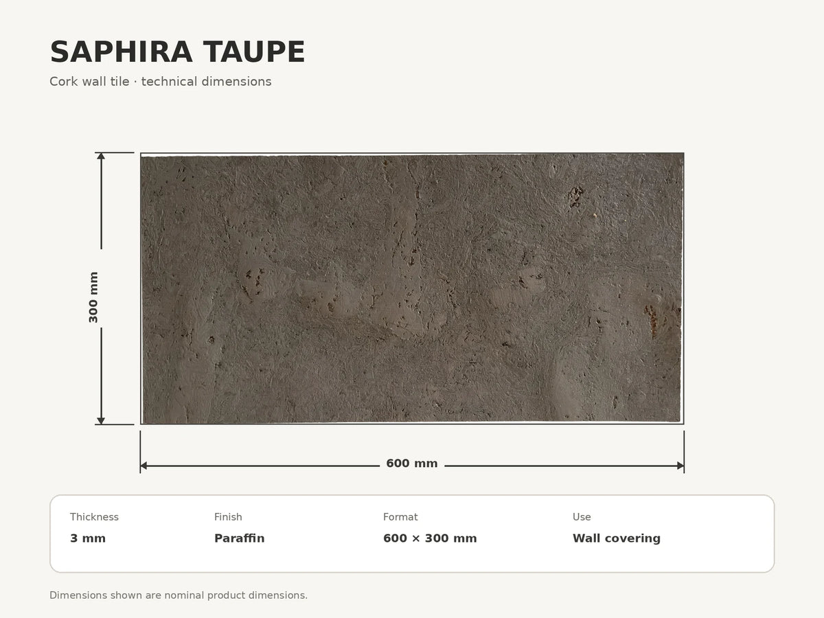 Saphira Taupe cork wall tile dimensions for the 600 × 300 × 3 mm format; 300 × 300 mm format also available