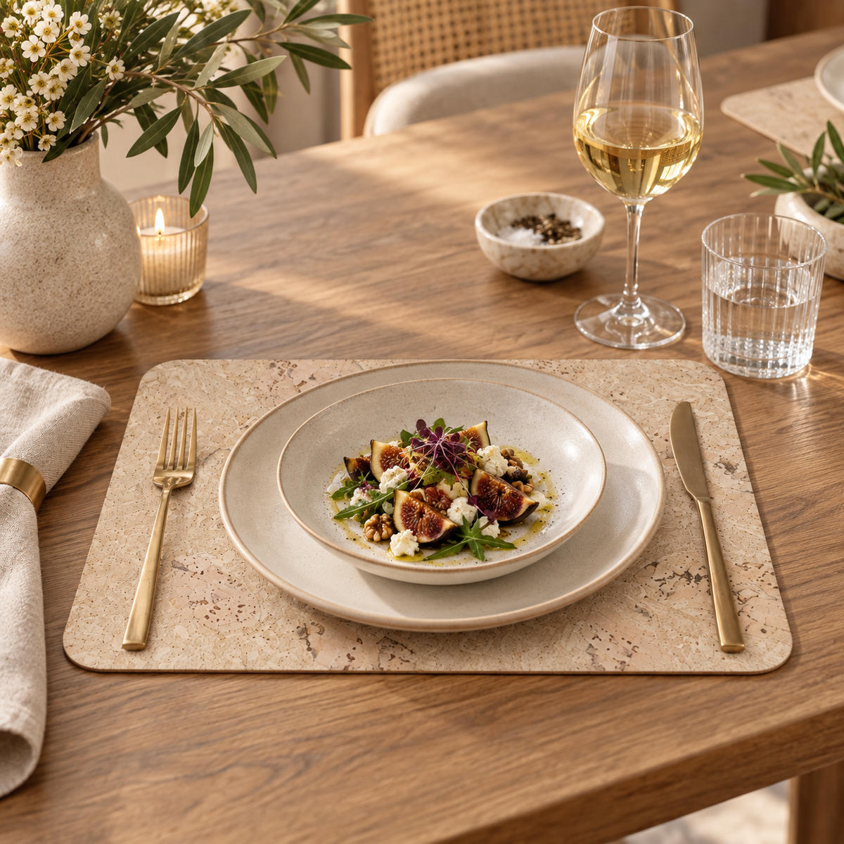 Saphire cork placemat in a refined light dining table setting