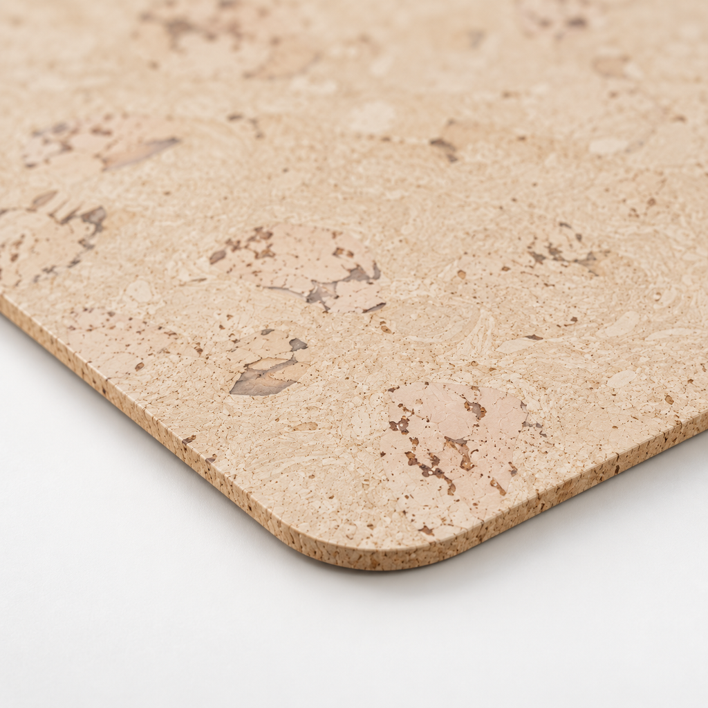 Macro close-up of Saphire cork placemat surface, rounded corner and thin edge