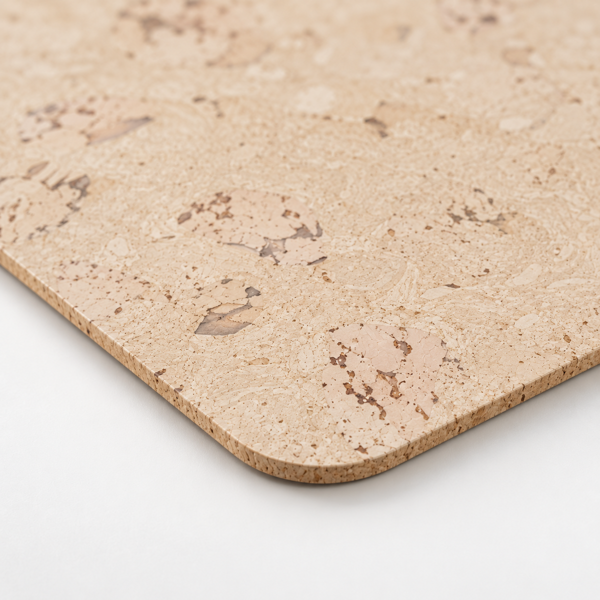 Macro close-up of Saphire cork placemat surface, rounded corner and thin edge