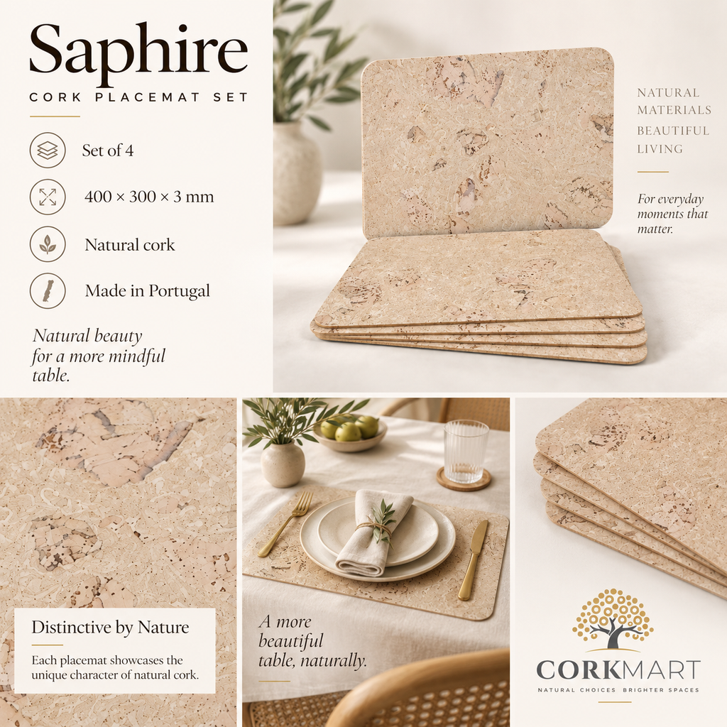 Saphire cork placemats — set of 4, dimensions, material and lifestyle overview