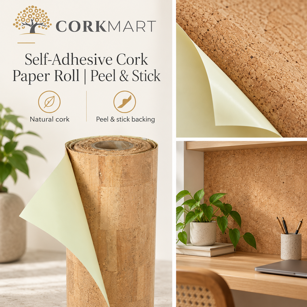 Self-Adhesive Cork Paper Roll editorial collage with CorkMart branding
