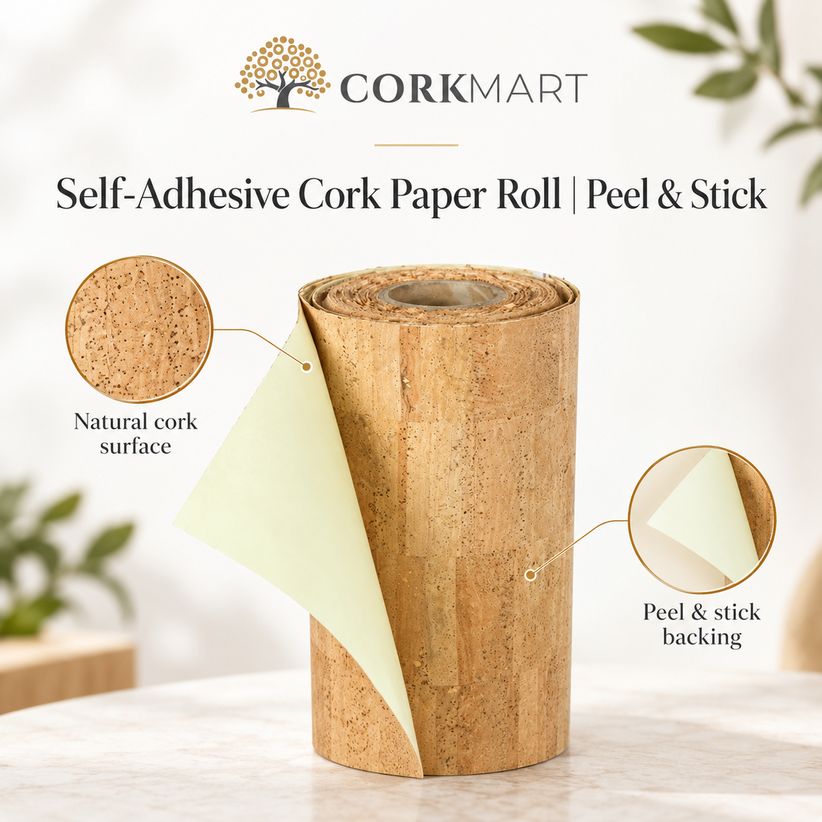 Self-Adhesive Cork Paper Roll infographic with CorkMart branding