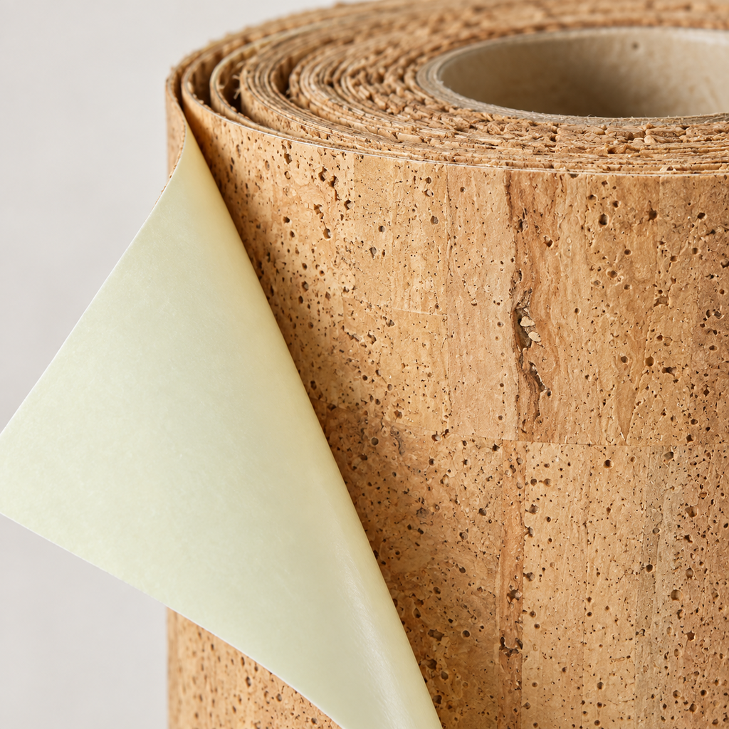 Self-Adhesive Cork Paper Roll macro detail showing natural cork surface and peel-and-stick backing