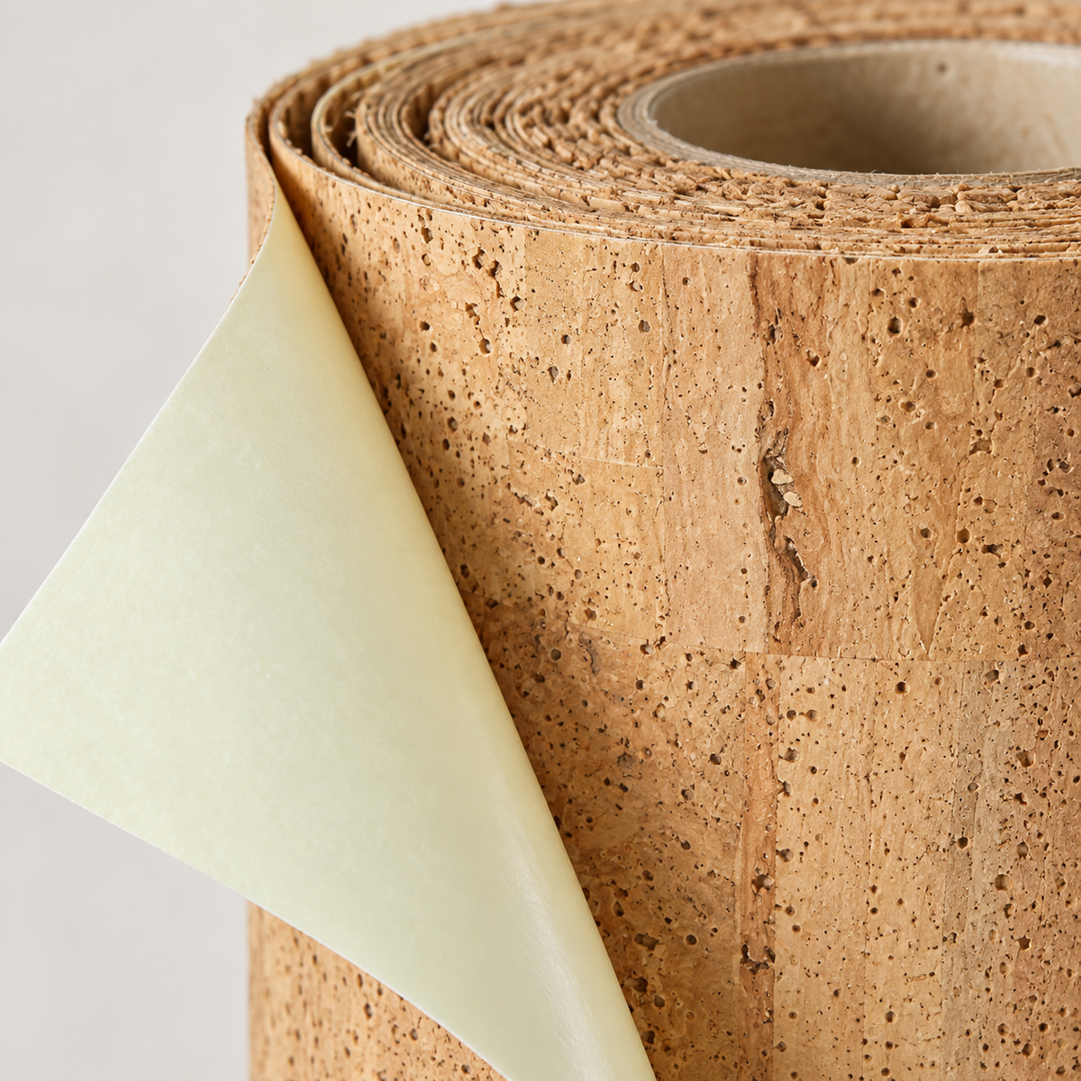 Self-Adhesive Cork Paper Roll macro detail showing natural cork surface and peel-and-stick backing