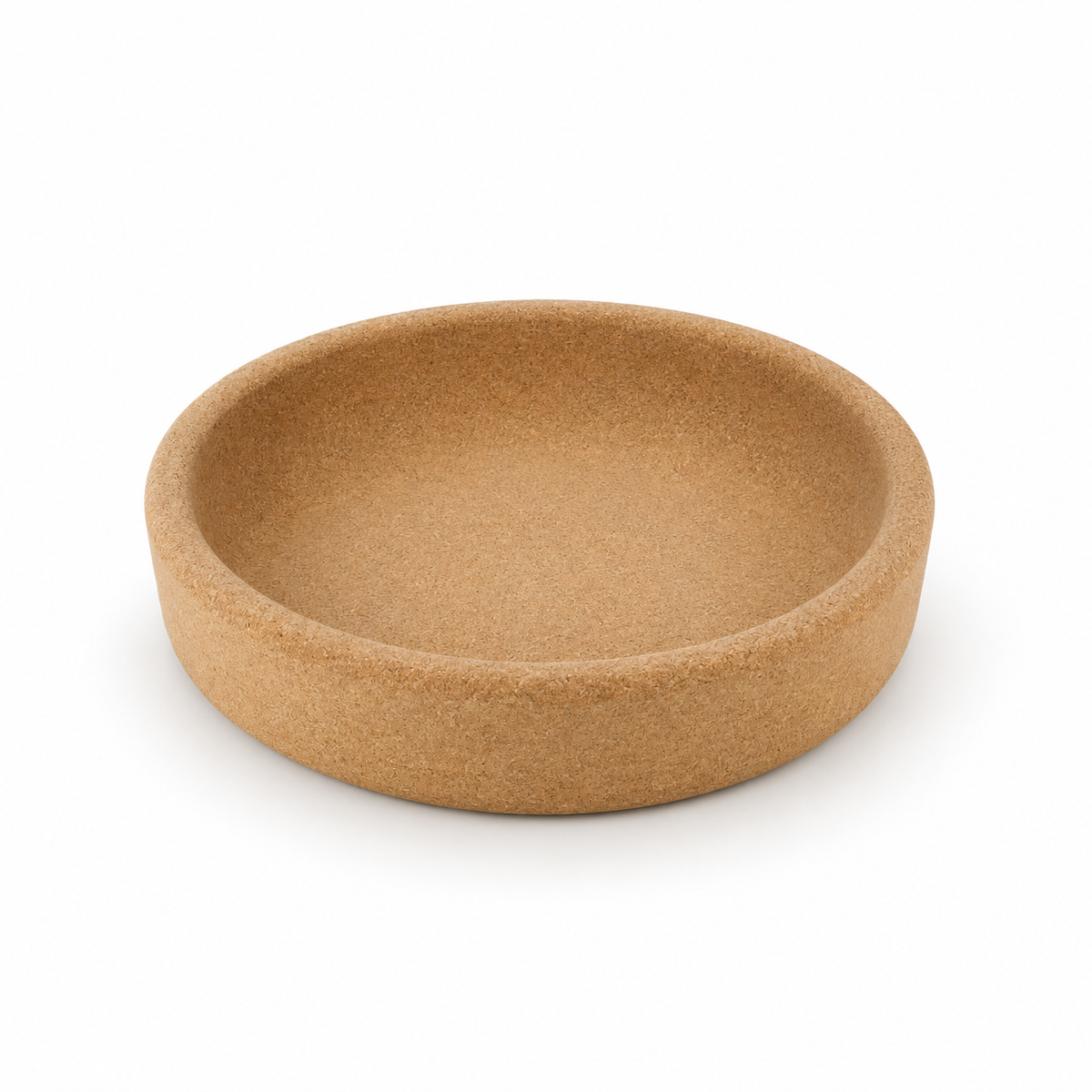 Shallow cork fruit bowl, angled studio view showing the 7 cm profile