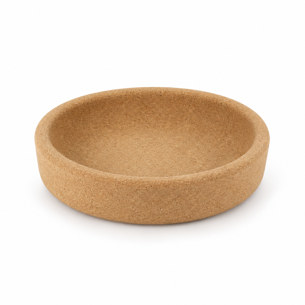 Shallow cork fruit bowl, Ø30 × 7 cm, natural cork on white background