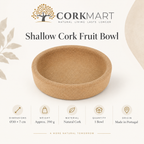 Shallow cork fruit bowl infographic with Ø30 × 7 cm dimensions, 390 g weight, natural cork material and Made in Portugal