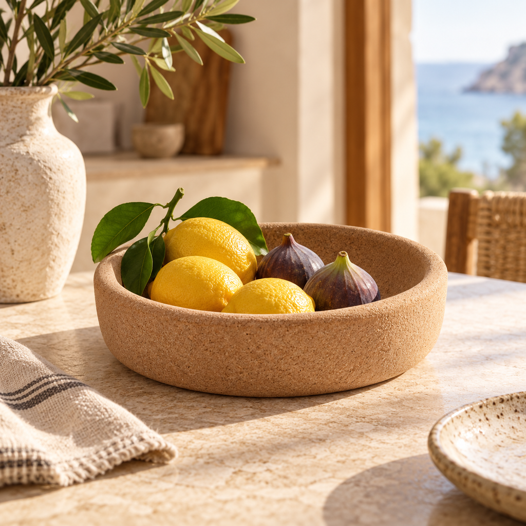 Shallow cork fruit bowl styled with fruit in a warm Mediterranean interior