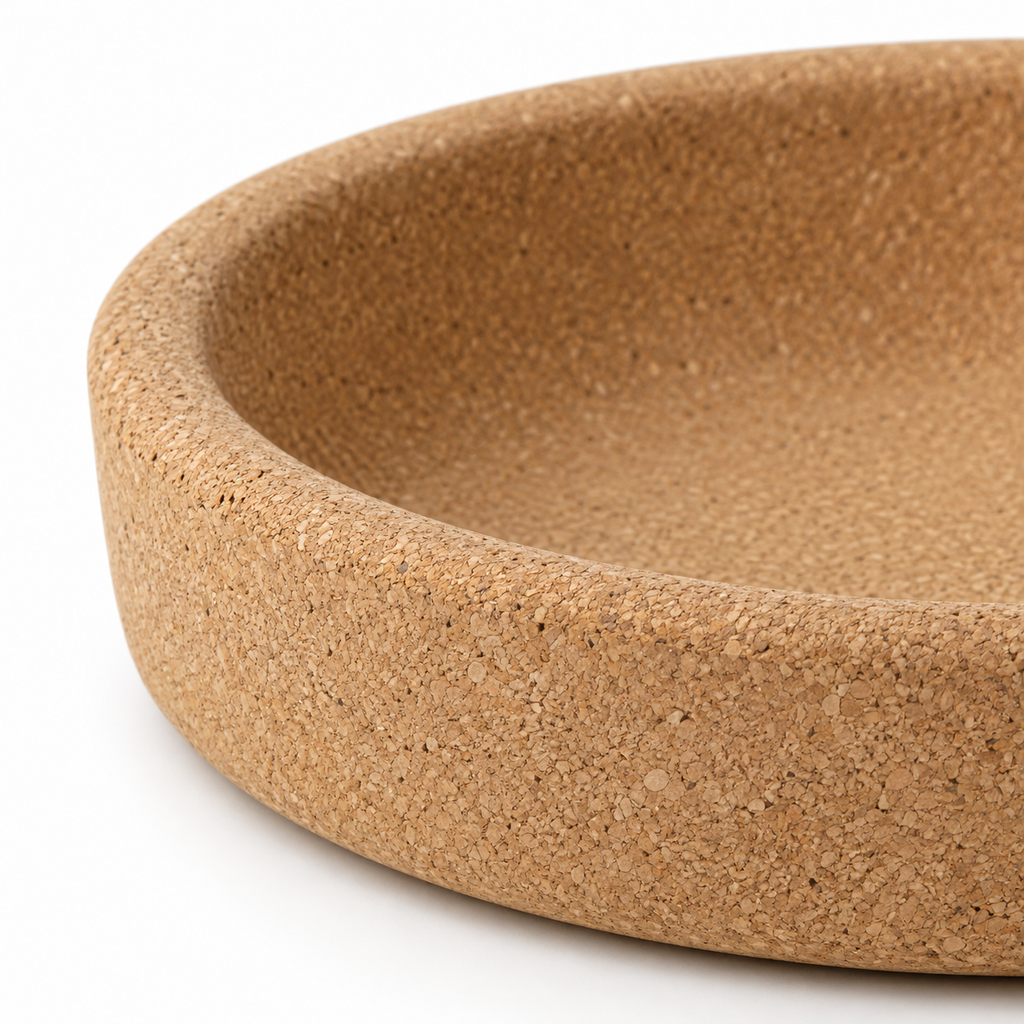 Macro detail of shallow cork fruit bowl texture and rounded rim