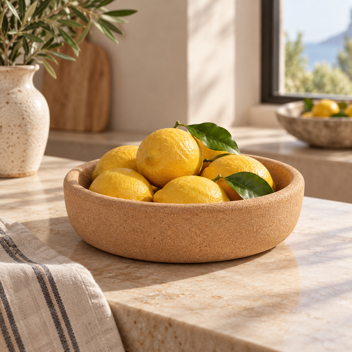 Shallow cork fruit bowl used with lemons in a Mediterranean kitchen setting