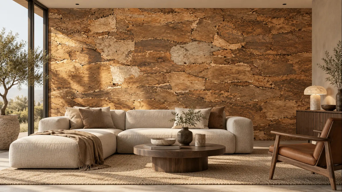 Skin Tree natural cork bark wall panels shown in a conceptual architectural interior visualization